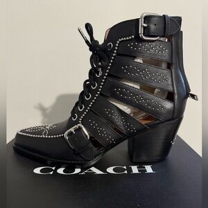 COACH Black Studded Cutout Leather Ankle Boots with Buckles NWB
